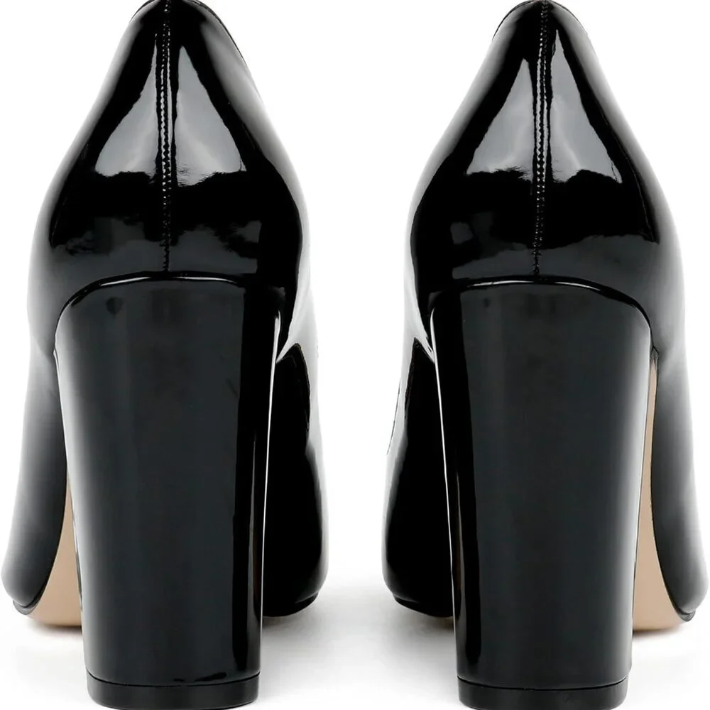 Women Chunky Heels Faux Patent Leather 8 Stylish Pointed Toe Pumps - Picture 4 of 6